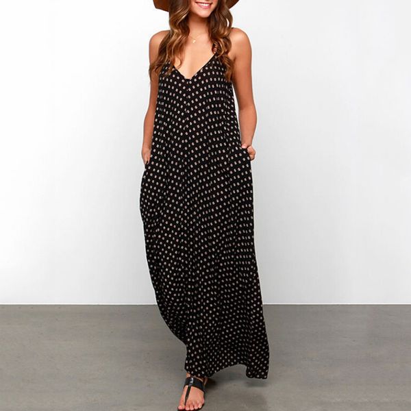 

maxi women summer dresses boho v-neck spaghetti strap dress sleeveless elegant dot print long dress, Black;gray