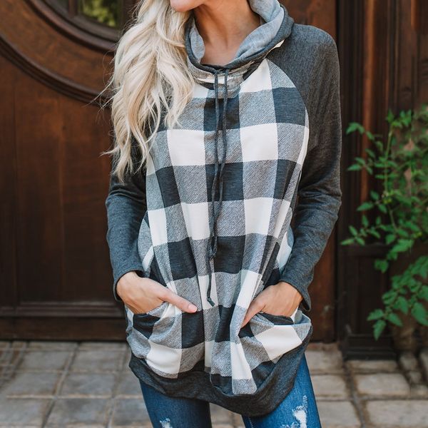 

2018 autumn winter women hoodies fashion plaid print ladies pullover long sleeve hooded pocket sweatshirt, Black