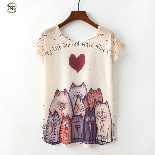 

лето новизна коротких женщин футболка harajuku kawaii смазливой стиль nice cat печать нового короткий рукав размер  l xl, White