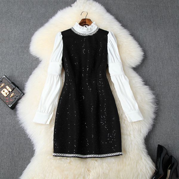 

european and american women's clothing 2019 winter new style long sleeve collar stud fashion dress with sequined tweed, Black;gray