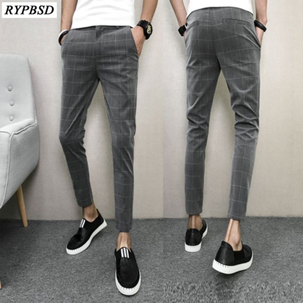 

korean pants men spring slim fit casual men plaid pant ankle length black comfortable clothes 2018 brand men's trousers