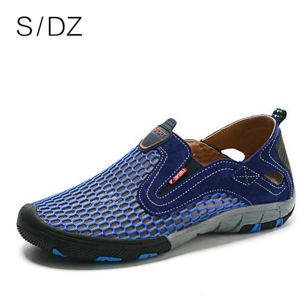 

sdz new fashion summer shoes men casual cowhide air mesh splice shoes lightweight breathable slip-on man flats size 38-45, Black