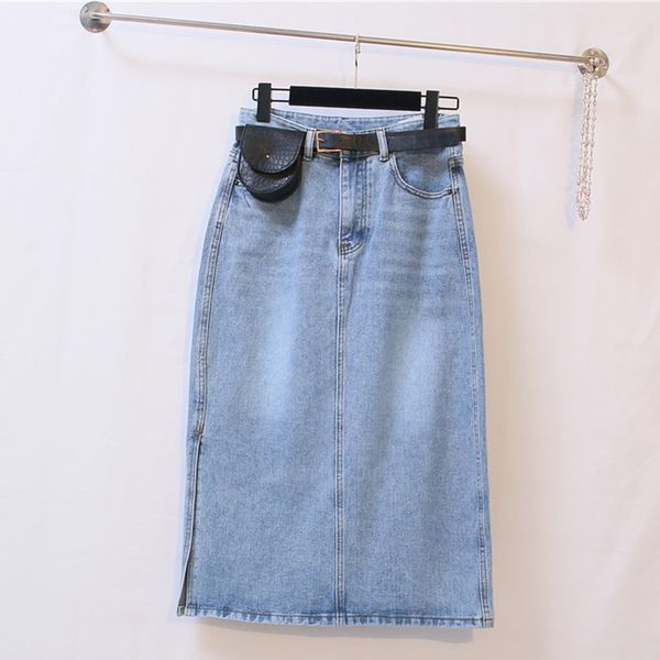 

vintage split casual women jeans skirts belt with bag a-line high waist female denim skirt 2020 spring summer pockets lady skirt, Black