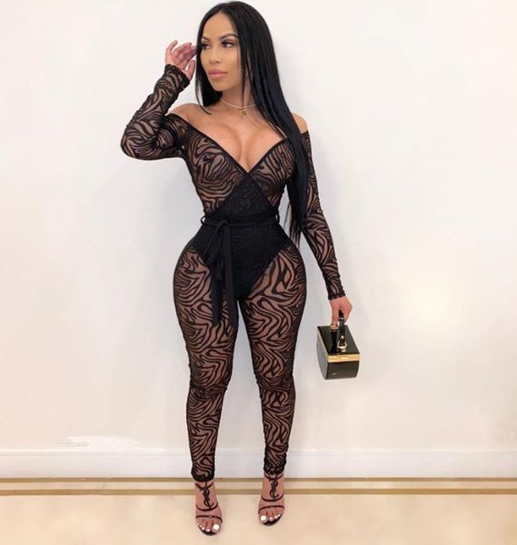 

новая чистая пряжа perspective ночной клуб sexy rompers комбинезон женская одежда глубокий v flocking off-плечу с длинными рукавами комбинез, Black;white