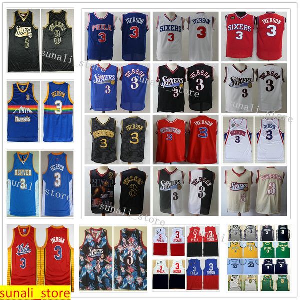 

sewed men allen iverson 3 jersey basketball college retro blue white red rainbow youth kids all style shirts, Black;red
