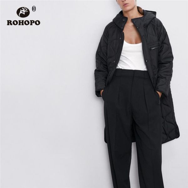 

rohopo hooded knee length black parkas coat straight thickness side welted pockets zipper closure winter overcoat #9397