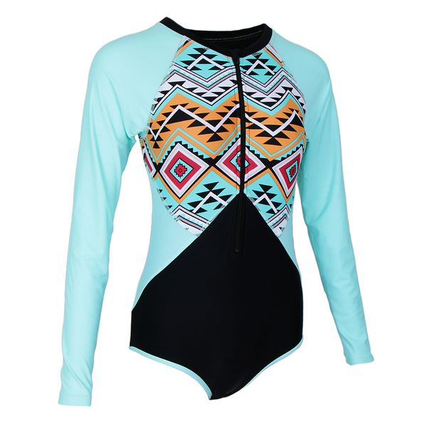 

womens long sleeve one-piece swimsuit rash guard zip geometric printed surfing diving suit swimwear, White;black