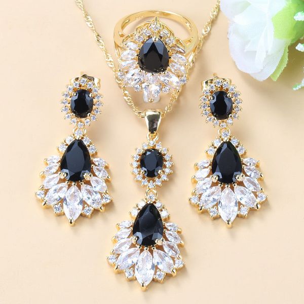 

occident style black cubic zirconia white crystal gold color big jewelry sets for women long stud earrings/necklace/ring 6-color, Slivery;golden