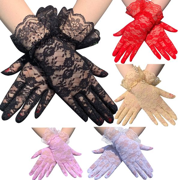 

fashionable new summer sunscreen gloves lace short lady breathable sunshade big lace elegant driving electric bicycle riding gloves, Blue;gray