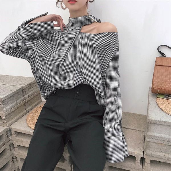 

women blouse woman women plaid shirts 2019 korean vintage fashion halter patchwork blouse long sleeve casual loose female blusas, White