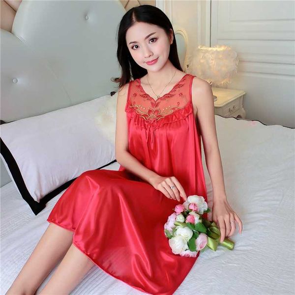 

size 4xl v-neck nightdress for women silk sleeveless sleepwear satin nightgown lingerie night dress ladies summer homewear, Black;red