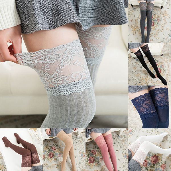 

1pair women ladies lace thigh high over knee stockings spring summer fashion cute long cotton comforable stockings for girls, Black;white