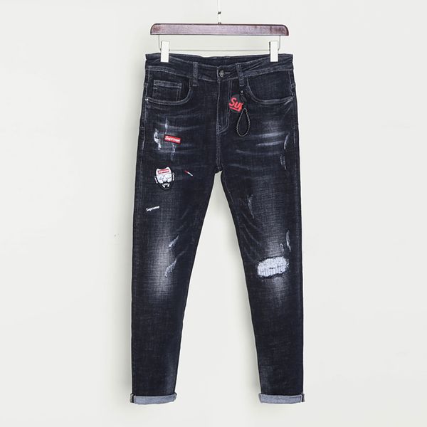 

box logo spring mens designer jeans модные brand patch логотип высокого качества вскользь ветхие hole верховного mens denim black pants, Blue
