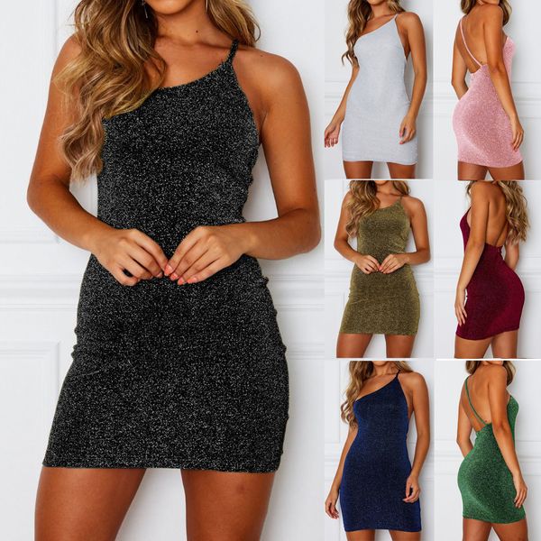 

elegant women solid shiny one shoulder backless party formal glitter thin strap bodycon slim mini dress vintage vestidos, Black;gray