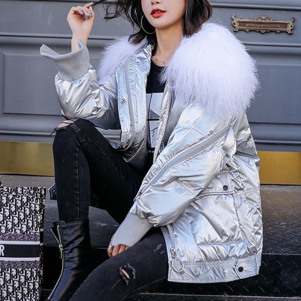 

2019 winter beach wool fur collar warm down jacket female short loose thicken parker jacket coat casual women clothing outerwear, Black