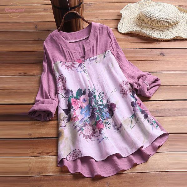 

women blouse vintage v neck floral printing patch long sleeve blouse womens and blouses mujer de moda 2020 new, White