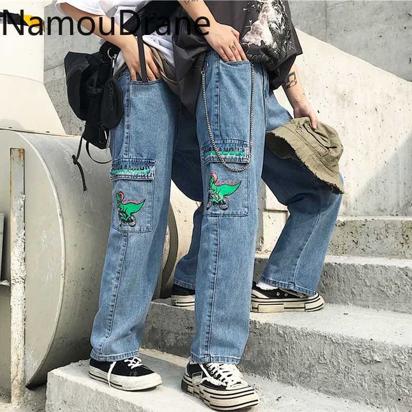 

new jeans for women harajuku cartoon jeans cute dinosaur loose high waist trousers cotton big pocket overalls female pants, Blue
