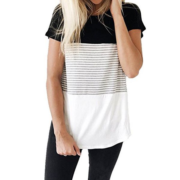 

2018 summer womens and blouses color block short sleeve tee shirts o neck women's clothing camisa feminina, White