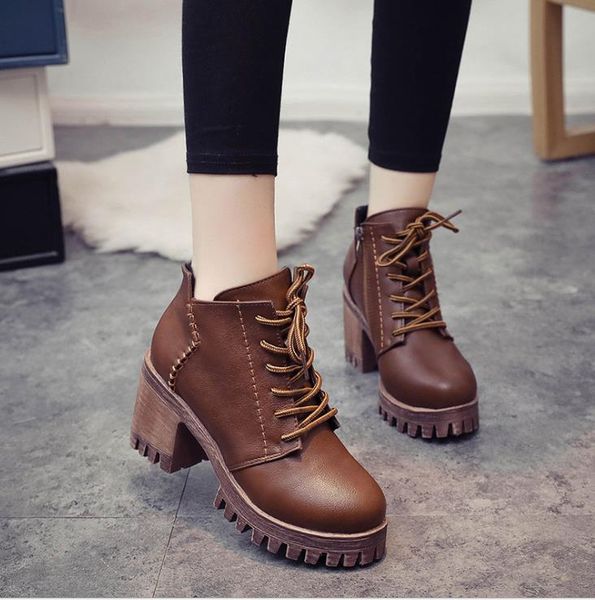 

new martin boots women casual high heel thick with retro short boots, Black