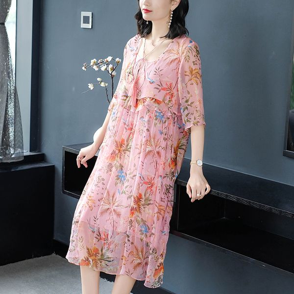 

summer spring new 2019 women sweet floral print midi silk dress vintage v-neck bow a-line dresses pink vestidos feminina, Black;gray