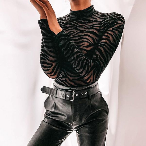 

etosell women slim half-high collar perspective bodysuit netting irregular striped long sleeve slim bodysuits, Black;white