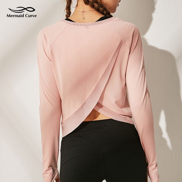 

русалка curve sexy back крест фитнес спортивная женщины лоскутная с длинным рукавом футболка yoga top сыпучие бег gym спорт рубашка