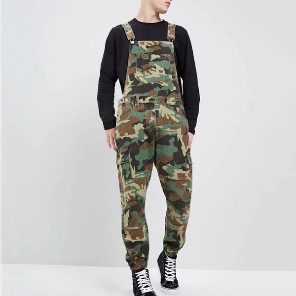 

mens fashion jean jumpsuits one piece casual camouflage jump suits denim bib overalls tracksuit camo suspender pants, Blue