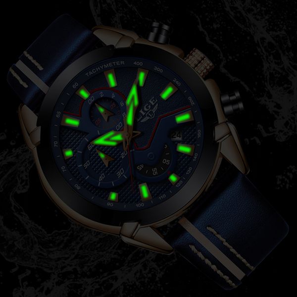 

lige casual sport watches for men blue leather wrist watch man clock fashion chronograph wristwatch, Slivery;brown