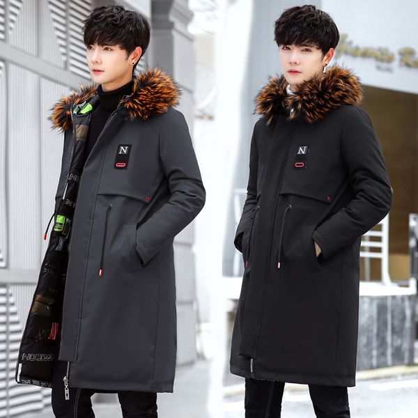 

parkas men 2018 new winter jacket long thicken warm cotton big fur hooded outwear hooded overcoat can be worn on both sides 801, Tan;black