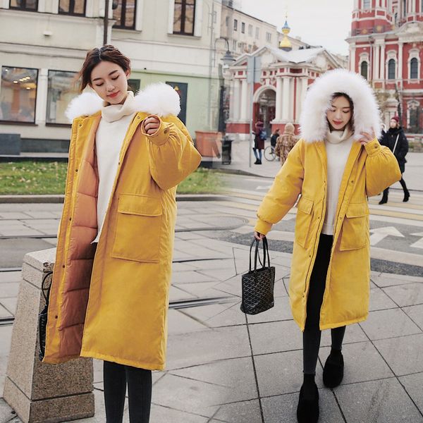 

women plus size thicken parka fashion winter warm loose casual down cotton jacket mid-length solid outwear fur collar clothes, Black