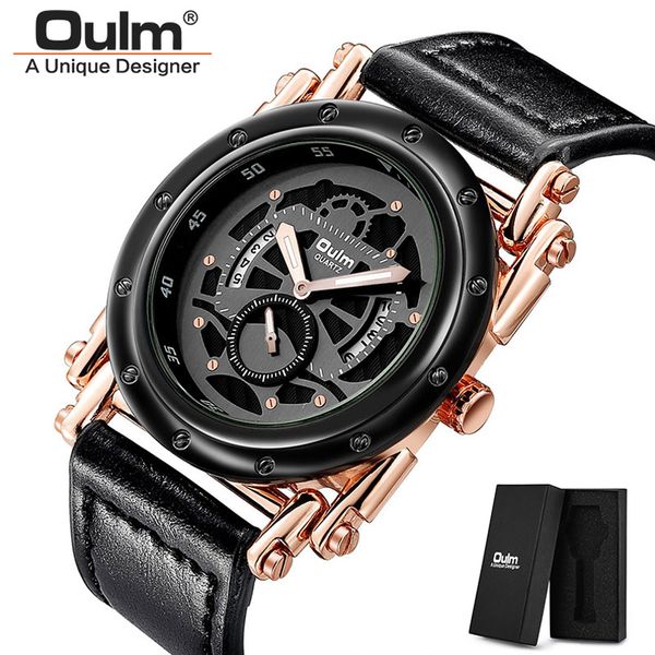 

oulm new cool punk men watch complete calendar waterproof vintage leather quartz male casual watches with box erkek kol saati, Slivery;brown