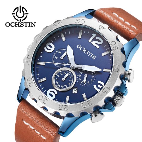

ochstin fashion watch for men luxury casual quartz watch 45mm big dial chronograph relogio masculino waterproof leather watches, Slivery;brown