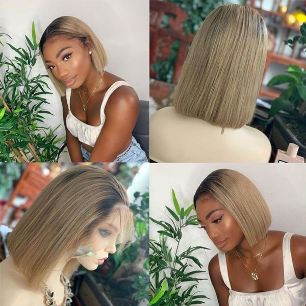 

highlight lace front wig 13x6 deep part human hair wigs bleaching and dyeing 1b/27 ombre lace wigs short bob wig, Black;brown