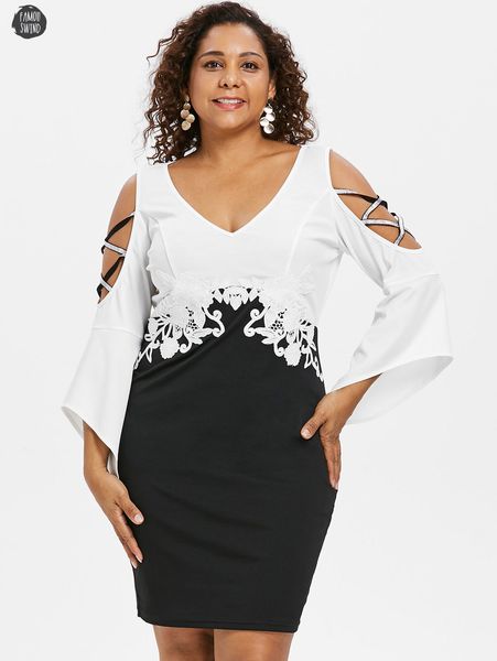 

size dress plus 5xl criss cross flare sleeve fitted cold v neck knee length shoulder dress lace appliqued designer clothes, Black;gray
