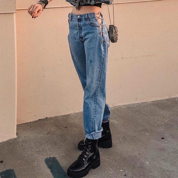 

fashion hight street chain design hollow washed jeans women loose loose thin straight pants female summer casual office lady, Blue