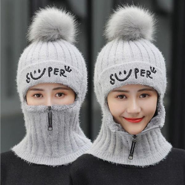 Толстые накладки кролика волос балаклавы вязаные зимние шляпы для женщин шарф поддельных воротник молния улыбка шапочки шапочки для девочки шеи теплее