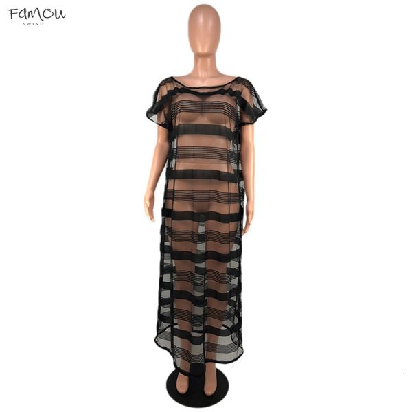 

black mesh patchwork long dress round neck short sleeve see dress summer casual women loose plus size maxi dress, Black;gray