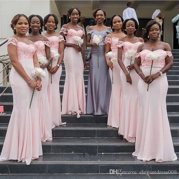 

2019 new pink mermaid bridesmaid dresses off shoulder pleats sweep train chiffon lace applique party gowns bridesmaid dress custom, White;pink