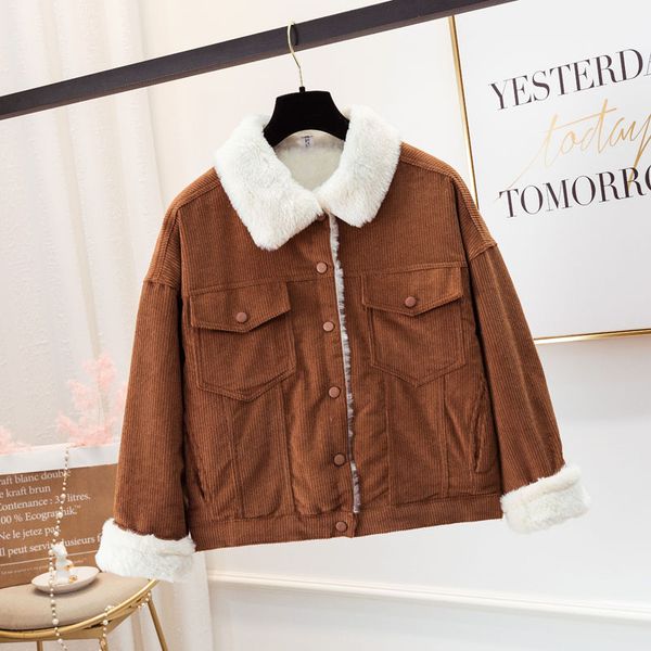 

winter jacket women loose corduroy cotton plus velvet thick short cotton padded jacket female lambswool outwear women basic coat, Black;brown