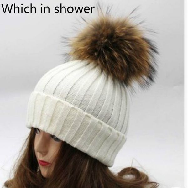 

which inshower real raccoon fur hat warm wool winter hat with genuine fur pompom women knit bobble ski cap with ball top