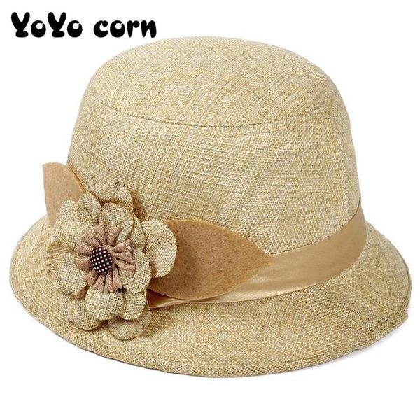 

yoyocorn spring and autumn linen fabric flower hat spring and summer middle-aged ladies hat linen pot cap sunshade, Blue;gray