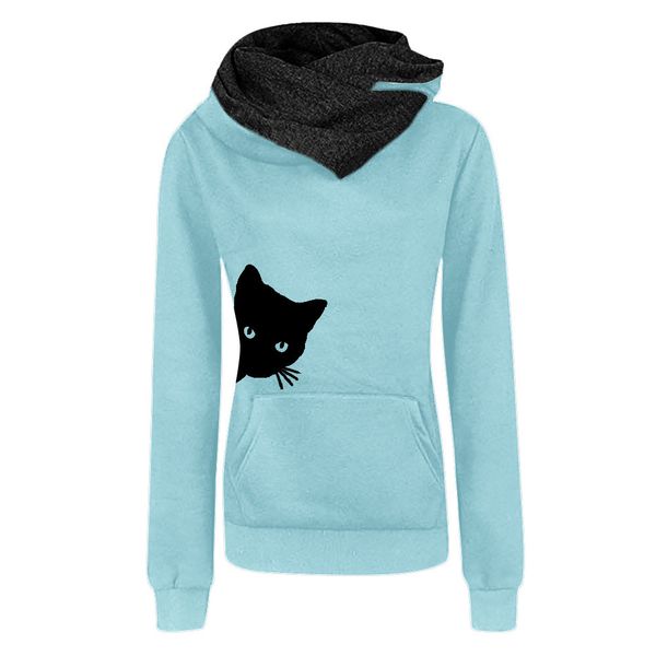 

women sweatshirt pullovers turtleneck casual kawaii cat printing sleeve pullover shirts casual blouse jumper sweatshirt new, Black