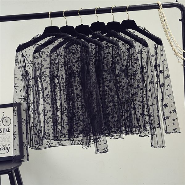 

spring summer women lace blouses shirt women mesh blouses see-through long sleeve black dot stars striped shirt blouse, White