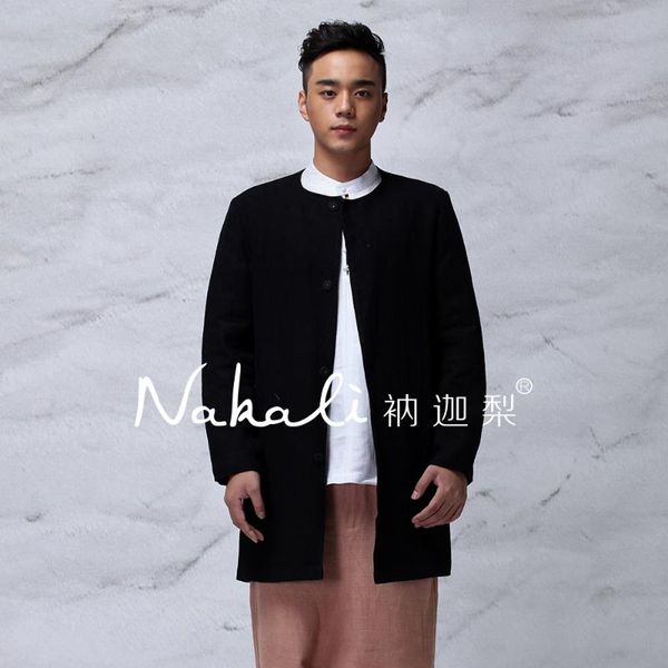 

мужские пальто длинная куртка китайский японский стиль 100% лен black winter осень nakali 2016 new, Tan;black