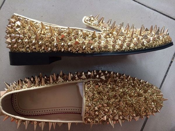 

2019 ne red bottom men shinny g black sliver gold spiked mens loafers loafers rivets men casual shoes real pics size 38-46