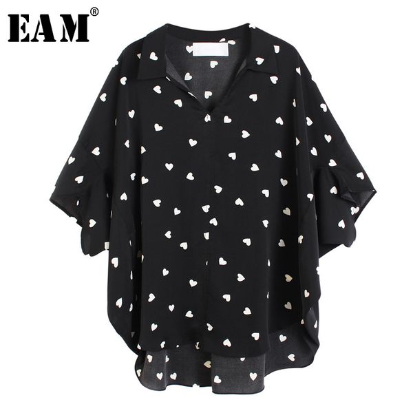 

eam] women black printed chiffon big size blouse new lapel three-quarter sleeve loose shirt fashion spring summer 2020 1u389, White