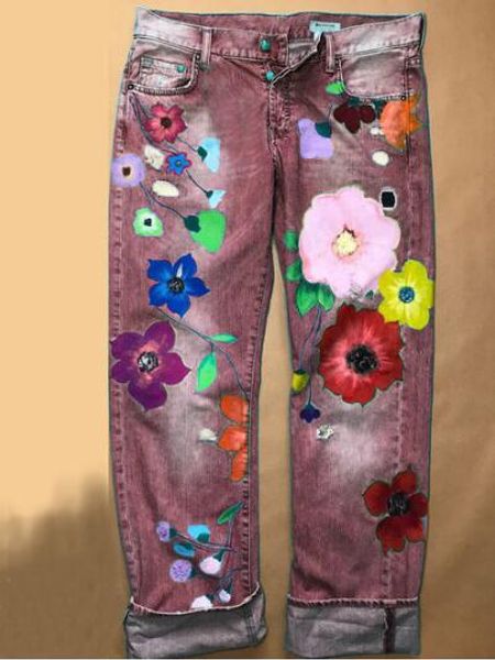 

slim jean full length pant women jeans woman flower printing fashion flower denim casual jeans pant suitable for all seas, Blue