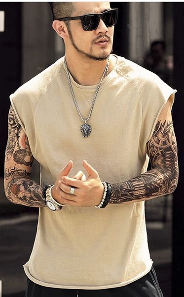 

popular men's wear, casual t-shirt, men's round-collar sleeveless shirt, men's solid-color sports undershirt, youth slimming, White;black