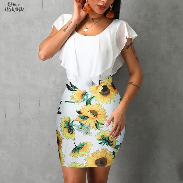 

womens sunflower summer bodycon dress sleeveless printed holiday party short mini dresses ruffle summer dress 2020 vestido, Black;gray
