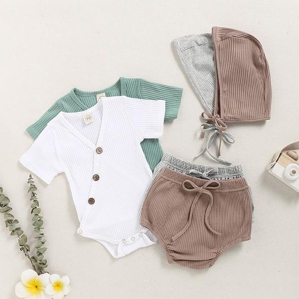 

2020 новые новорожденных младенцев мальчики девочки твердая bodysuit romper + полосатые шорты hat эпикировка set (3m-18м) детские коротким р, White